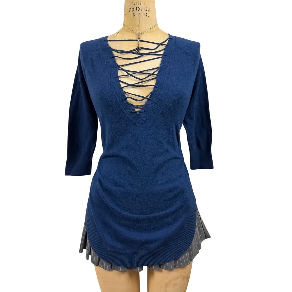 Y2K Navy Lace Up V Neck Knit Sweater Top 3/4 Sleeve Nautical Grunge Size S